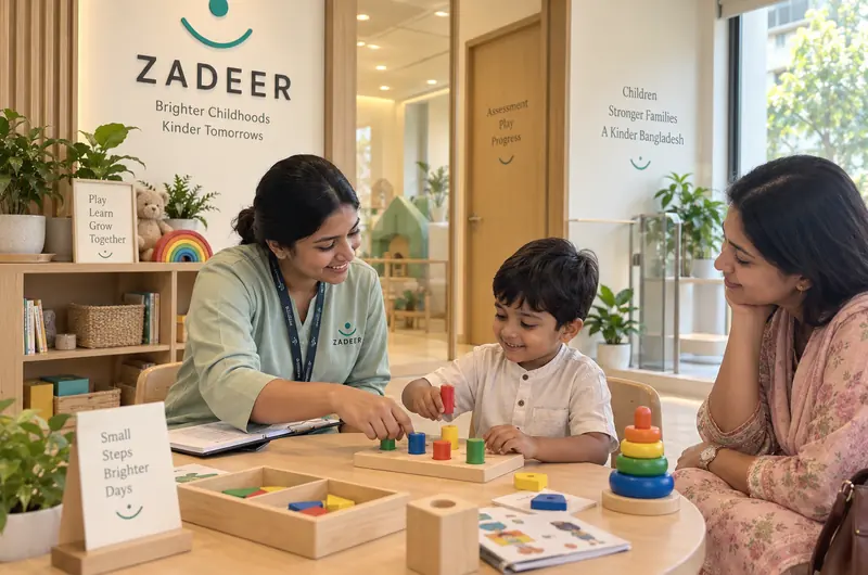 A ZADEER play session with a therapist, child and mother at the observation table
