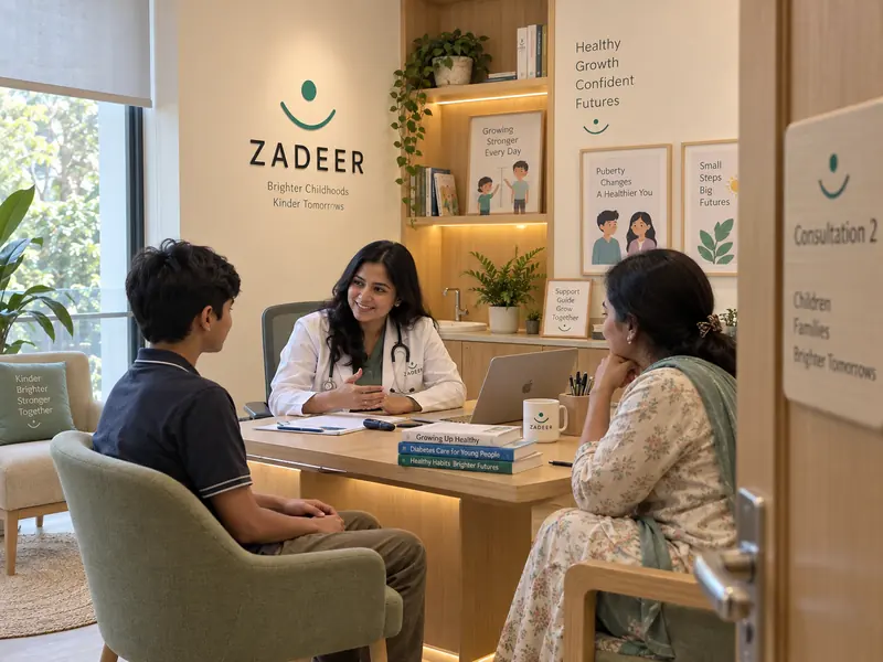 An older child and parent in a private growth and puberty consultation room